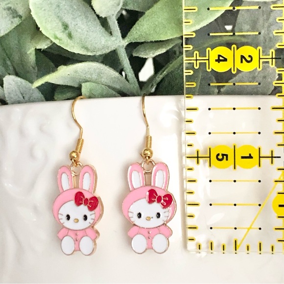 New Hello Kitty Pastel Pink Dangling Bunny Love Earrings Cat Cartoon Animal Cute - Picture 2 of 4